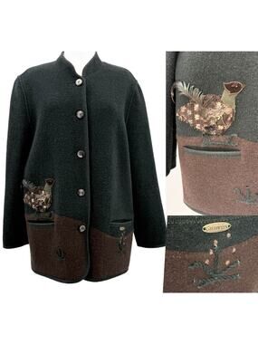 Giesswein Austria Boiled Wool Jacket Cardigan Vintage Bird Women’s Size 44 US 12